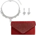 Detailed view of luxury red evening clutch bag with sparkling rhinestone necklace and earrings. - Red