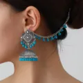 Ethnic style Jhumka earring with hair chain and turquoise beads, vintage silver tone dangle. - Blue