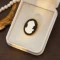 Vintage court style cameo brooch, elegant black and white portrait design with gold beaded rim. - Style 10 (Black and White Relief)