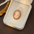 Vintage cameo brooch detail, elegant Victorian style oval relief pin with golden beaded rim. - Style 11 (Pink Brown Relief)