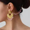 Ethnic retro gold-plated hollow ear chain with pink beaded tassel fashion jewelry for women. - Gold Pink