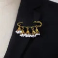 Vintage palace style gold bell tassel brooch elegant pearl safety pin for women suit decor - White