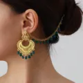 Ethnic gold-plated filigree ear chain with green beaded tassels for women fashion - Gold Green