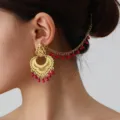 Ethnic gold-tone hollow carved ear chain with red beads retro tassel earrings for women - Gold Rose Red
