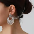 Ethnic silver carved ear chain vintage tassel cuff earrings for women fashion party jewelry - Silver