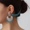 Ethnic style silver tone filigree chain tassel earrings with blue beads detail view - Silver Blue