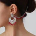Ethnic Indian style silver filigree ear chain with pink beaded tassel for women detail view. - Silver Rose Red