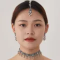 Ethnic bohemian silver choker necklace earrings head chain detail shot for women stylish jewelry. - Silver White