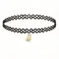 Black tattoo choker necklace with cute white cat pendant and yellow flowers, fashion jewelry. - White Cat Pendant