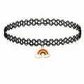 Detailed close-up of a black tattoo choker necklace featuring a cute rainbow and cloud pendant. - Rainbow Cloud Pendant