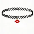 Black tattoo choker necklace with red lips pendant stylish fashion jewelry for women daily wear - Red Lips Pendant