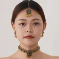 Vintage Indian ethnic choker necklace earrings and headpiece set with black stones and tassels. - Gold Black