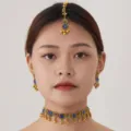 Bohemian ethnic style necklace earrings set with blue stone gold choker for women. - Gold & Blue