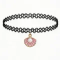 Close-up detail of the black tattoo choker featuring a cute pink shell pearl pendant design. - Pink Shell Pearl Pendant