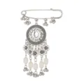 Detailed view of vintage silver-tone tassel safety pin brooch with ethnic floral charms beads. - White