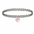Black tattoo choker necklace with a cute translucent pink heart pendant for women and girls. - Pink Heart Pendant