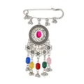 Boho vintage safety pin brooch with colorful beads, metal tassels and rhinestones detail view. - Colorful