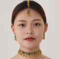 Bohemian vintage gold choker necklace earrings and maang tikka set with green stones detail. - Gold & Green
