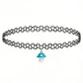 Detailed view of black tattoo choker necklace featuring a cute blue mushroom pendant. - Blue Mushroom Pendant
