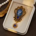 Exquisite vintage blue cameo rhinestone brooch, elegant retro court style jewelry detail shot. - Style 5
