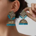 Vintage Indian style jhumka earrings with turquoise beads and rhinestones for women fashion. - Blue