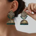 Vintage ethnic rhinestone jhumka earrings for women, retro green beaded tassel drop earrings. - Green