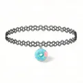 Close-up detail of a black tattoo choker necklace featuring a cute blue donut pendant. - Blue Donut Pendant