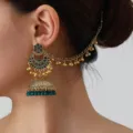 Ethnic Indian Jhumka earrings with hair chain, vintage gold-tone metal and green beads. - Green