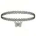 Close-up detail of stylish black stretch tattoo choker necklace with a silver butterfly pendant. - Silver Butterfly Pendant
