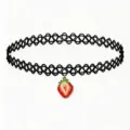 Black tattoo choker necklace featuring a cute red strawberry pendant, sweet and retro style. - Red Strawberry Pendant
