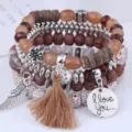 Bohemian multi-layer beaded bracelet set with tassel and charm for women vintage style. - Coffee