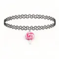 Black stretchy tattoo choker necklace featuring a cute pink and white lollipop pendant fashion style. - Lollipop Pendant