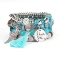 Boho multi-layer beaded bracelet set with tassel and wing charm for women fashion jewelry. - Lake Blue