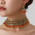 Bohemian vintage alloy choker necklace and matching jhumka earrings with red and gold beads. - Golden Orange-Red