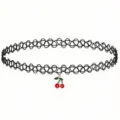 Detailed view of black tattoo choker necklace with cute cherry pendant for women. - Twin Cherries Pendant