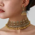 Bohemian ethnic antique gold alloy choker necklace and traditional jhumka earrings set - Gold