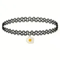 Black elastic tattoo choker necklace detail featuring a cute white fried egg pendant accessory. - Fried Egg Pendant
