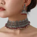 Bohemian silver choker necklace and matching jhumka earrings detailed closeup view. - Silver Red