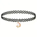 Detailed view of the black tattoo choker necklace featuring a cute cat and moon pendant. - Cat and Moon Pendant