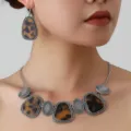 Retro ethnic style necklace and earrings set featuring tortoise shell resin and antique silver. - Silver Amber