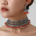 Bohemian silver ethnic alloy choker necklace and matching jhumka tassel earrings jewelry set - Silver-Orange-Red