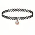 Detailed view of the black tattoo choker featuring a cute cat and strawberry cake pendant. - Cat Strawberry Cake Pendant