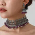 Boho Vintage Silver Choker Necklace Jhumka Earrings Set with Purple Beads Jewelry - Silver Purple