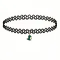 Black tattoo choker necklace featuring cute green dinosaur pendant, trendy aesthetic fashion jewelry. - Little Green Dinosaur Pendant