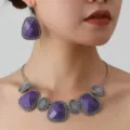 Vintage ethnic purple stone necklace and earrings jewelry set for women fashion party style. - Silver Purple