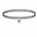 Black elastic tattoo choker necklace featuring a cute red and white mushroom pendant detail. - Polka Dot Mushroom Pendant