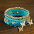Bohemian multi-layer crystal beaded bracelet set for women with gold butterfly charms details - Sky Blue