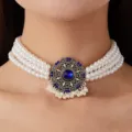 Elegant multi-layer pearl choker necklace with vintage blue crystal pendant for women. - Blue