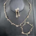 Exquisite rhinestone leaf and flower necklace earrings bracelet set detailed view design showcase - Three-Piece Set / Rose Gold