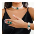 Exquisite french vintage pearl choker necklace bracelet earrings jewelry set detail view. - Green